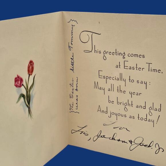 1947 Marjorie Cooper Easter Baby Inside Tulip Butterfly Vintage Rust Craft Card - Picture 3 of 10